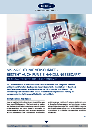 Erste Seite des Informationsblattes. Unter dem blauen BDJ-Logo eine Grafik, auf der eine linke Hand ein Tablet hält und ein rechter Zeigefinger Quadrate mit Bildern und Schlagwörtern durch das Display wischt an einer langen Kette auch über das Tablet hinaus: Eine Weltkugel, „Compliance“, zwei sich schüttelnde Hände, „Data Security“, „Help“, „Win Win“, zwei ineinandergreifende Zahnräder, „Support“. Darunter beginnt der Text mit der Überschrift „NIS2-Richtlinie verschärft – besteht auch für Sie Handlungsbedarf?“